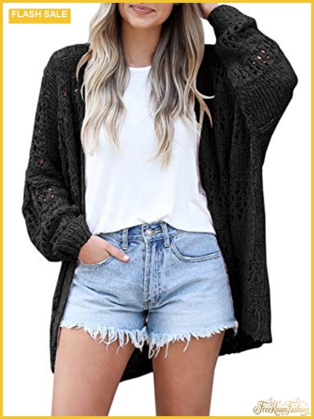 Crochet Knit Open Front Cardigan - Lightweight Long Sleeve Loose Fit Oversized